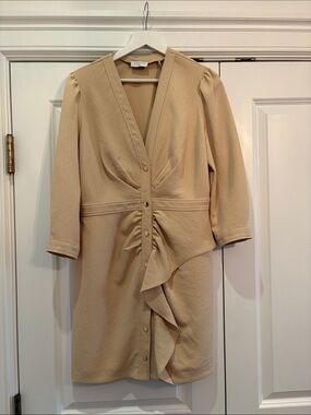 Sandro Beige V-Neck Ruffle Front Dress